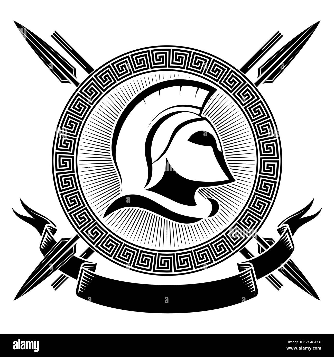 Casque Spartan antique, méandre et lances d'ornement grec Illustration de Vecteur