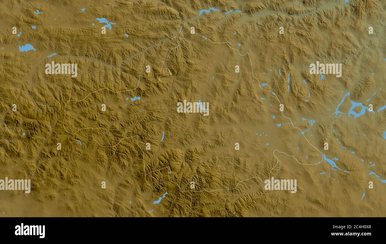 Arhangay, province de Mongolie. Données de shader de couleur avec lacs et rivières. Forme entourée par rapport à sa zone de pays. Rendu 3D Banque D'Images