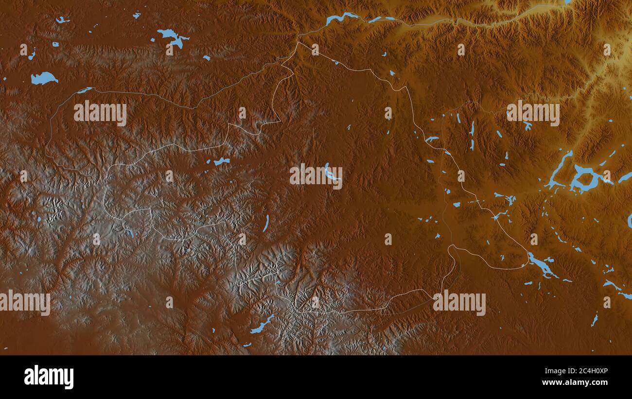 Arhangay, province de Mongolie. Relief coloré avec lacs et rivières. Forme entourée par rapport à sa zone de pays. Rendu 3D Banque D'Images