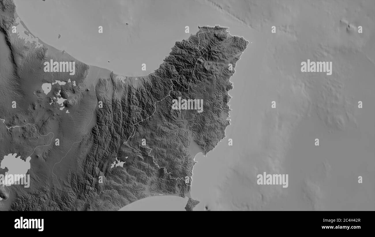Gisborne, conseil régional de Nouvelle-Zélande. Carte à échelle de gris avec lacs et rivières. Forme entourée par rapport à sa zone de pays. Rendu 3D Banque D'Images