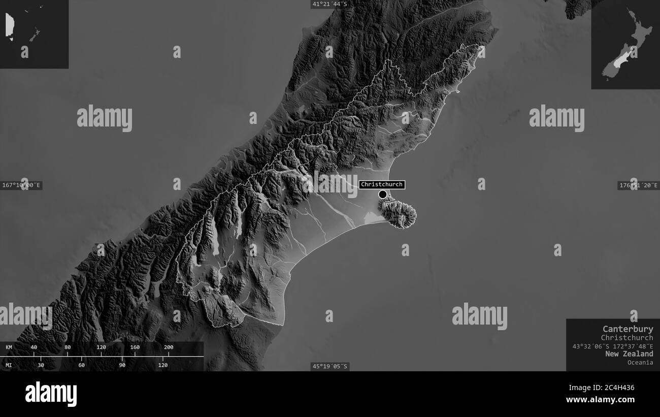 Canterbury, conseil régional de Nouvelle-Zélande. Carte à échelle de gris avec lacs et rivières. Forme présentée dans sa zone de pays avec des superpositions informatives. Banque D'Images