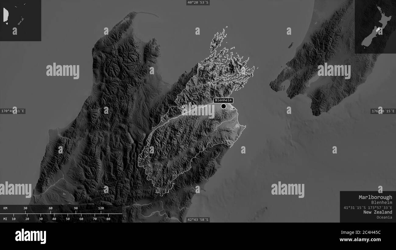 Marlborough, autorité unitaire de la Nouvelle-Zélande. Carte à échelle de gris avec lacs et rivières. Forme présentée par rapport à sa zone de pays avec une superposition d'informations Banque D'Images