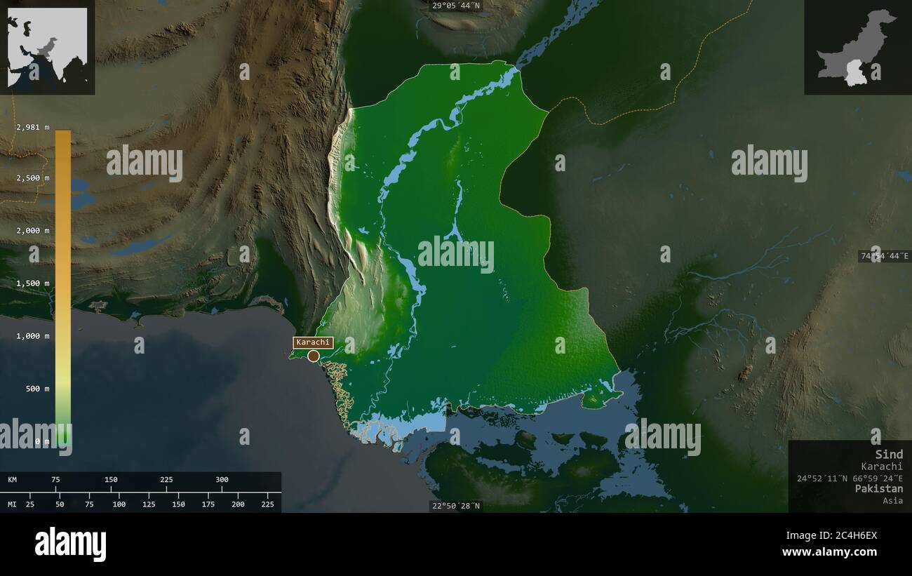 Sind, province du Pakistan. Données de shader de couleur avec lacs et rivières. Forme présentée dans sa zone de pays avec des superpositions informatives. Rendu 3D Banque D'Images