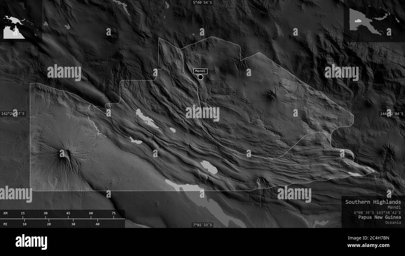 Southern Highlands, province de Papouasie-Nouvelle-Guinée. Carte à échelle de gris avec lacs et rivières. Forme présentée dans sa région avec des informations plus Banque D'Images
