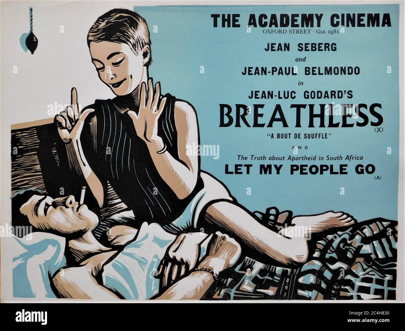 JEAN SEBERG et JEAN - PAUL BELMONDO en APNÉE / A BOUT DE SOUFFLE réalisateur 1960 JEAN - LUC GODARD scénario original FRANÇOISE TRUFFAUT poster du film œuvre de PETER STRAUSFELD les films Imperia / les Productions de Georges de Beauregard / Société Nouvelle-Nouvelle-Cinématographie (SNC) / British Lion film Corporation - l'Académie du cinéma Banque D'Images