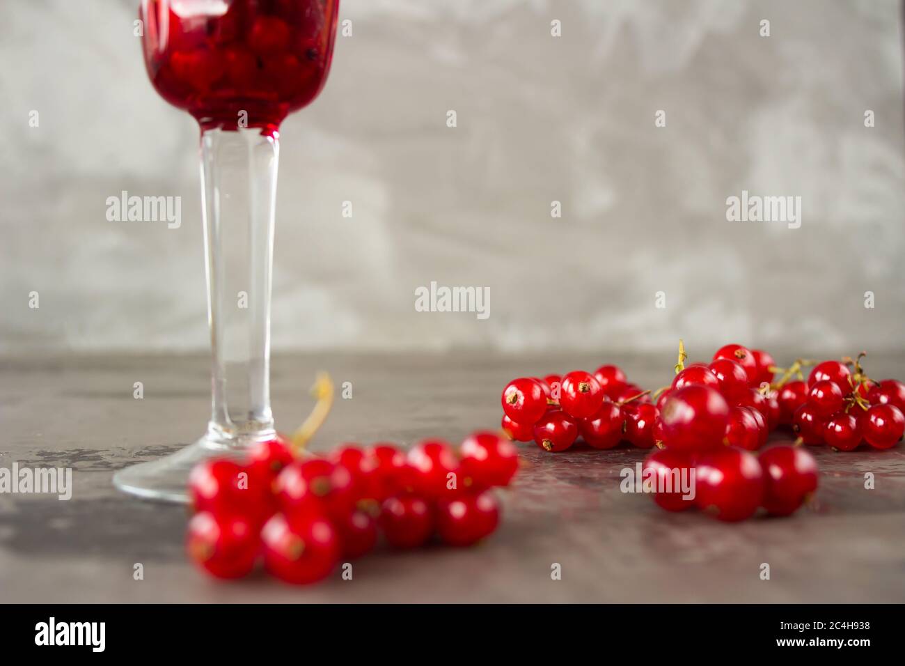 Cassis dans un verre à grenaille, le reste est dispersé autour d'elle sur un fond gris texturé. Photo de haute qualité Banque D'Images