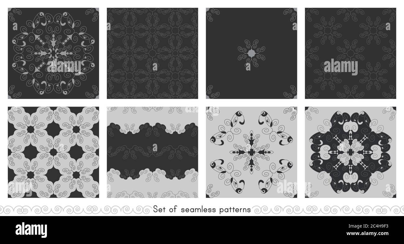 Ensemble de motifs sans couture avec spirales. Gris foncé et gris clair. Vecteur. Illustration de Vecteur