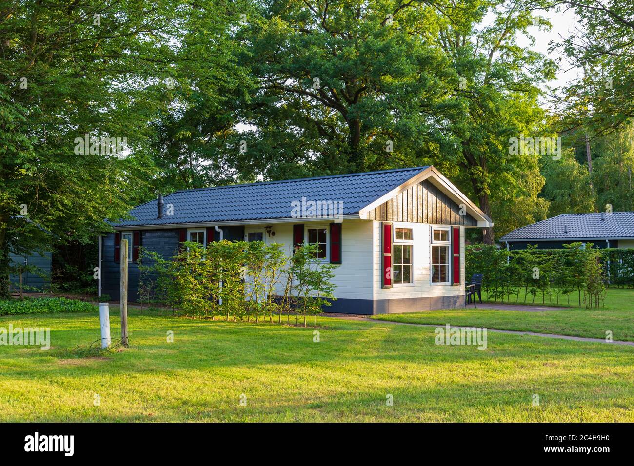 Paysage avec maison de vacances en bois coloré au parc de loisirs dans le milieu de la nature aux pays-Bas Banque D'Images