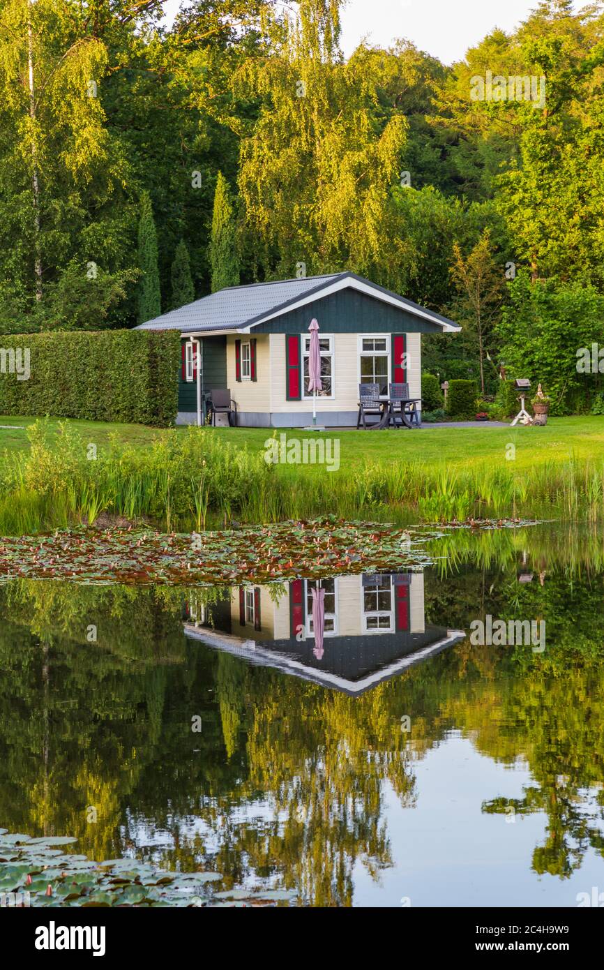 Portraot de maison de vacances en bois se reflète dans un étang au parc de loisirs au milieu de la nature aux pays-Bas Banque D'Images