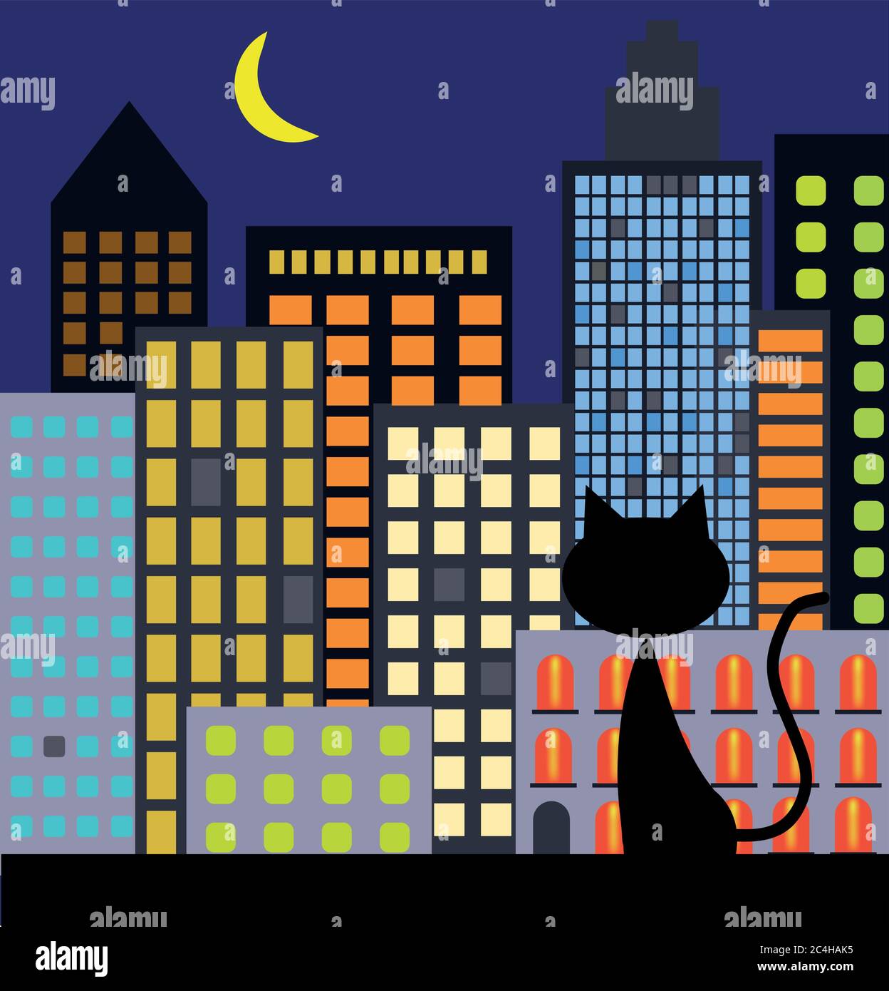 Chat noir assis sur le mur en regardant la ville de nuit Illustration de Vecteur
