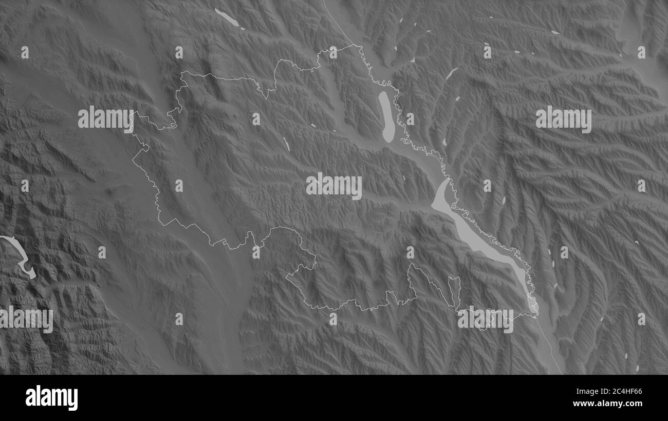 Iași, comté de Roumanie. Carte à échelle de gris avec lacs et rivières. Forme entourée par rapport à sa zone de pays. Rendu 3D Banque D'Images