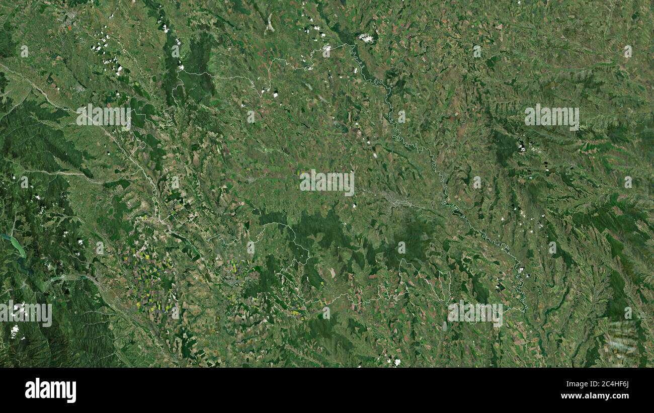 Iași, comté de Roumanie. Imagerie satellite. Forme entourée par rapport à sa zone de pays. Rendu 3D Banque D'Images