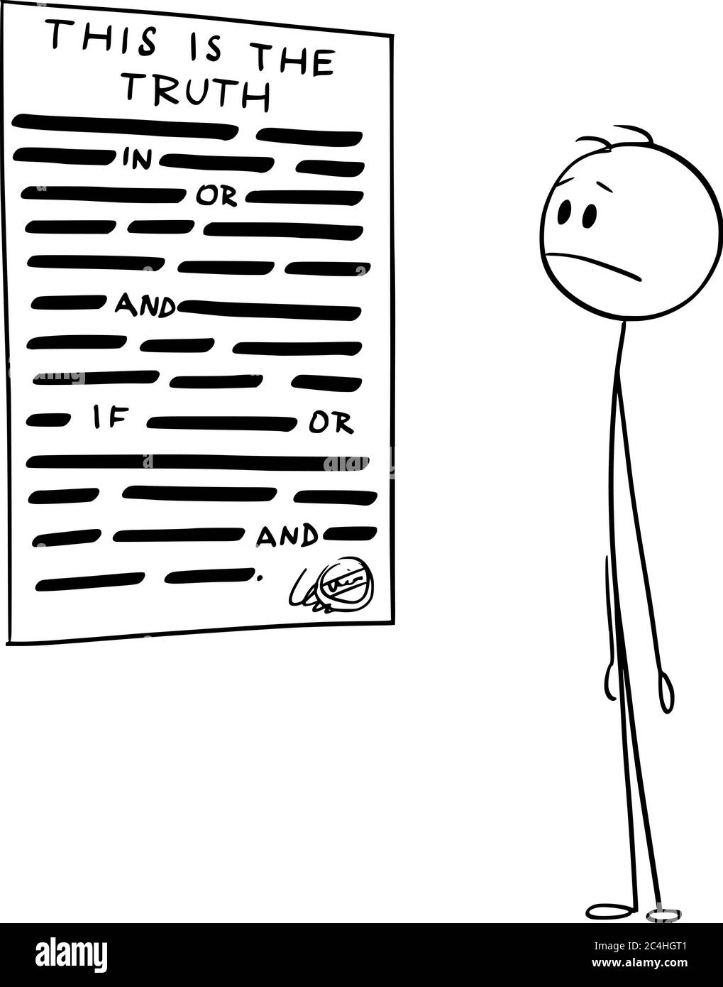 Vecteur bâton de dessin dessin dessin dessin illustration conceptuelle de l'homme lisant la déclaration de vérité fortement censurée. Illustration de Vecteur