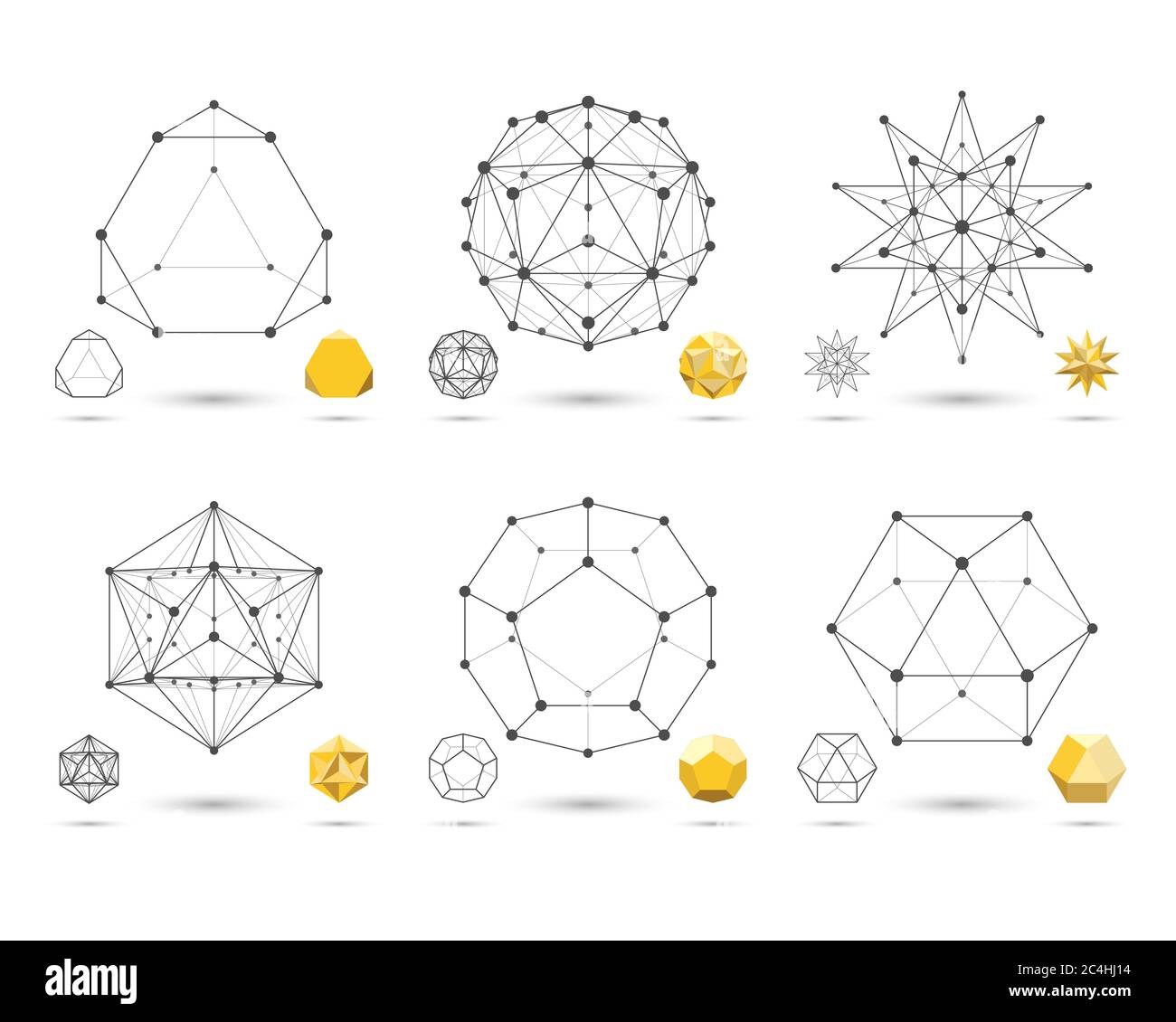 Ensemble de formes géométriques 3D abstraites à partir de faces triangulaires pour la conception graphique. Forme or volumique de cadre avec arêtes et sommets. Géométrie scientifique Illustration de Vecteur