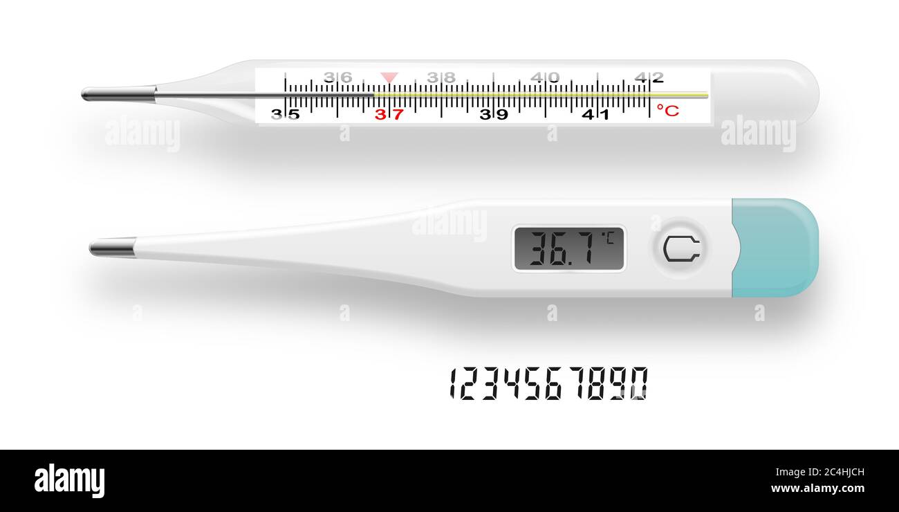 Jeu de thermomètres. Collection réaliste de thermomètres numériques et à mercure pour la conception de sites Web isolés sur fond blanc. Illustration vectorielle. Illustration de Vecteur