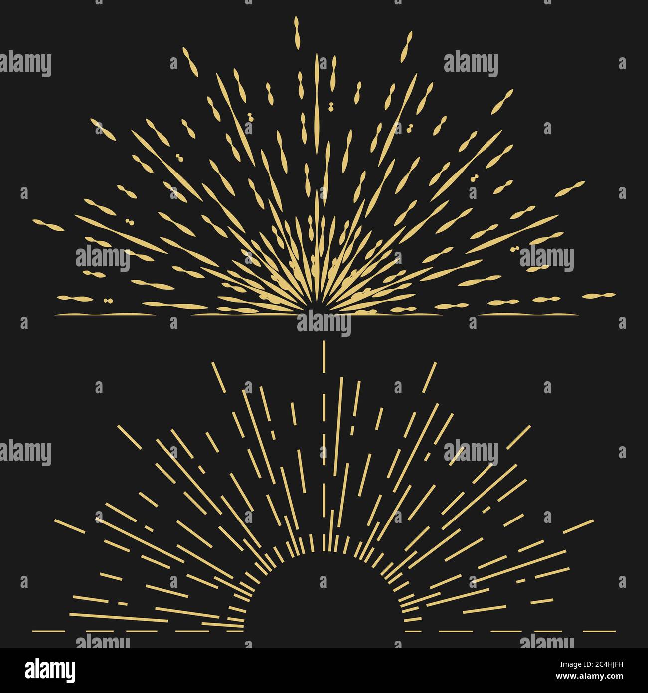 Ensemble de rayons de soleil millésimés d'or en forme de demi-cercle sur fond noir. Lever du soleil. Modèle pour la conception. Illustration vectorielle. Illustration de Vecteur