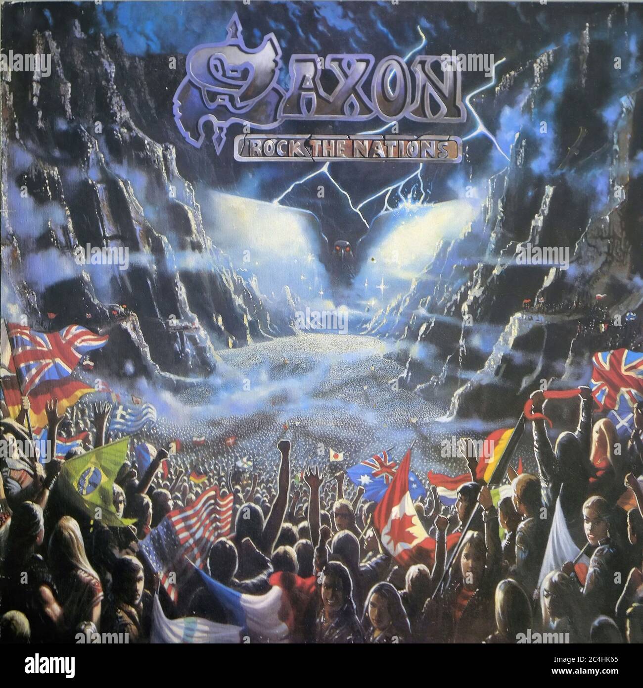 Saxon Rock the Nations 12'' Vinyl LP - couverture Vintage Record Banque D'Images