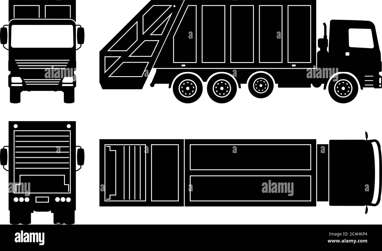 Silhouette de camion à ordures sur fond blanc. Les icônes de véhicule définissent la vue latérale, avant, arrière et supérieure Illustration de Vecteur