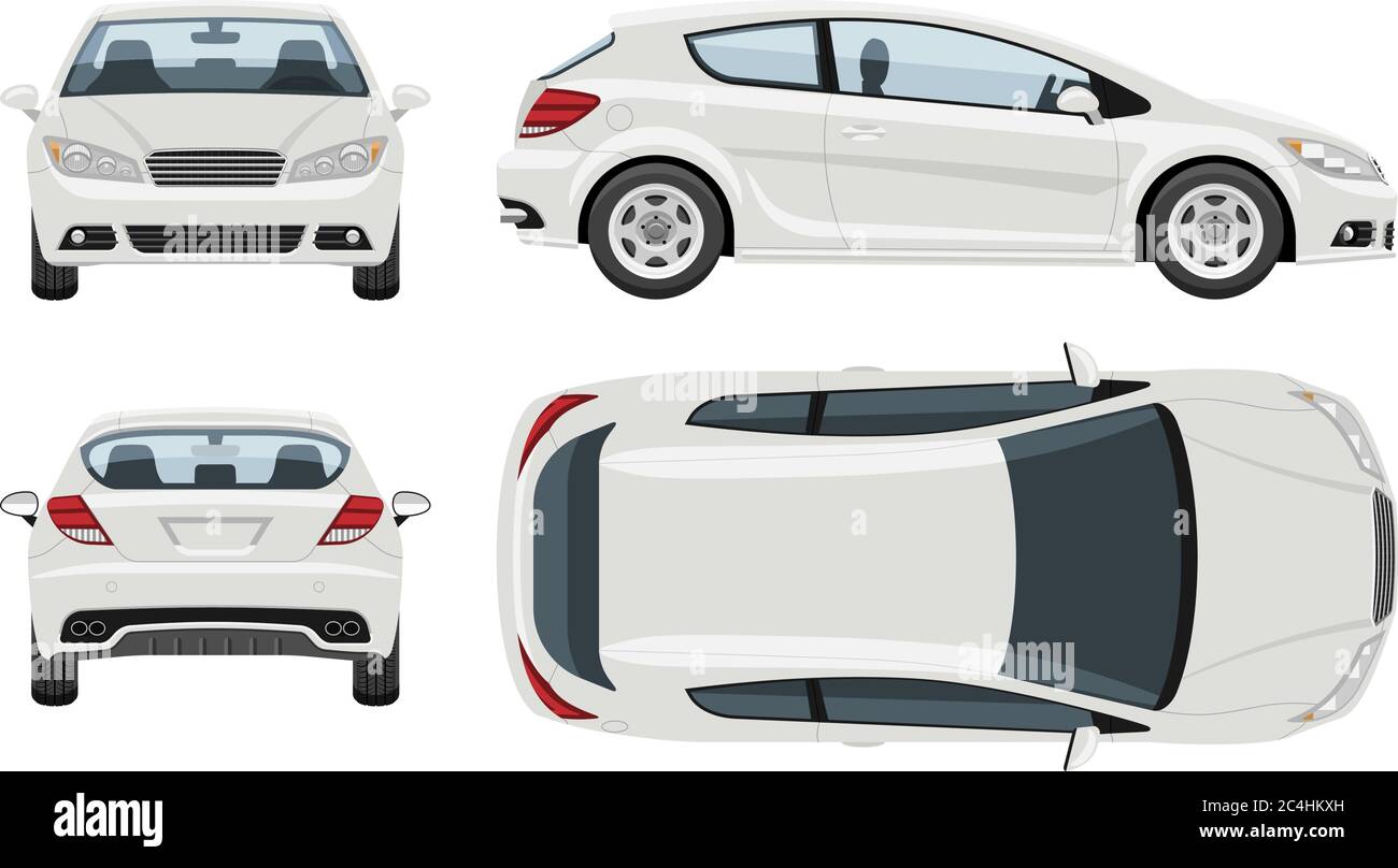 Modèle de vecteur voiture à hayon blanc avec des couleurs simples sans dégradés ni effets. Vue latérale, avant, arrière et supérieure. Illustration de Vecteur