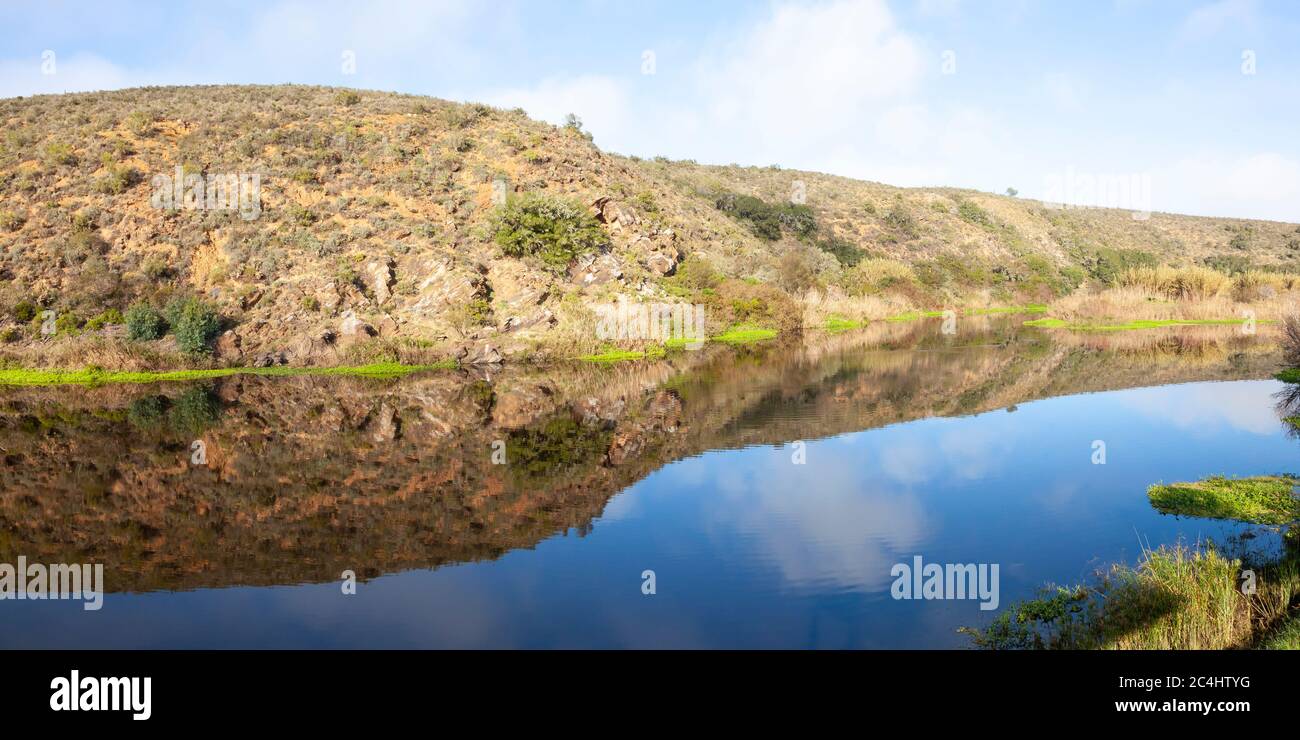 Panorama de la rivière Breede depuis le pont de pêche au lever du soleil, Parc national de Bontebok, Swellendam, Cap occidental, Afrique du Sud Banque D'Images