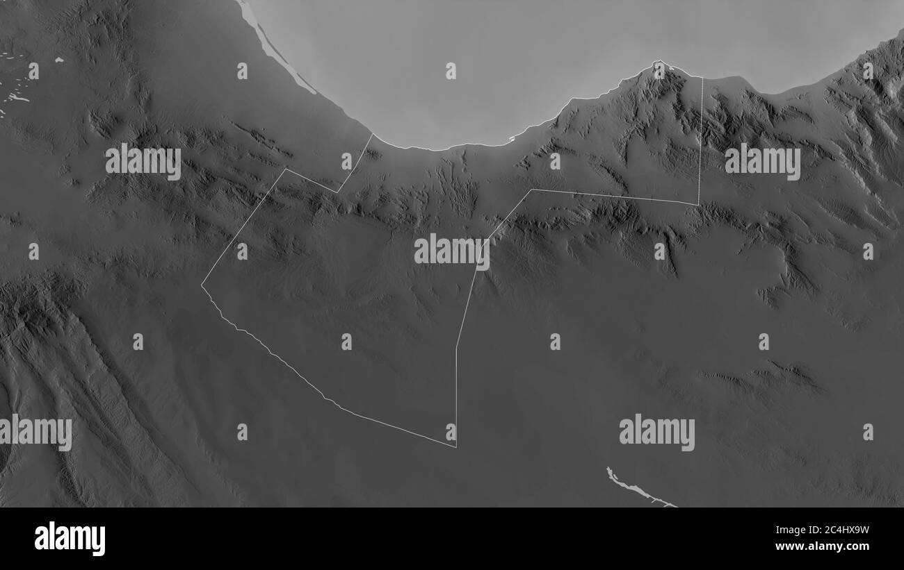 Woqooyi Galbeed, région de Somalie. Carte à échelle de gris avec lacs et rivières. Forme entourée par rapport à sa zone de pays. Rendu 3D Banque D'Images