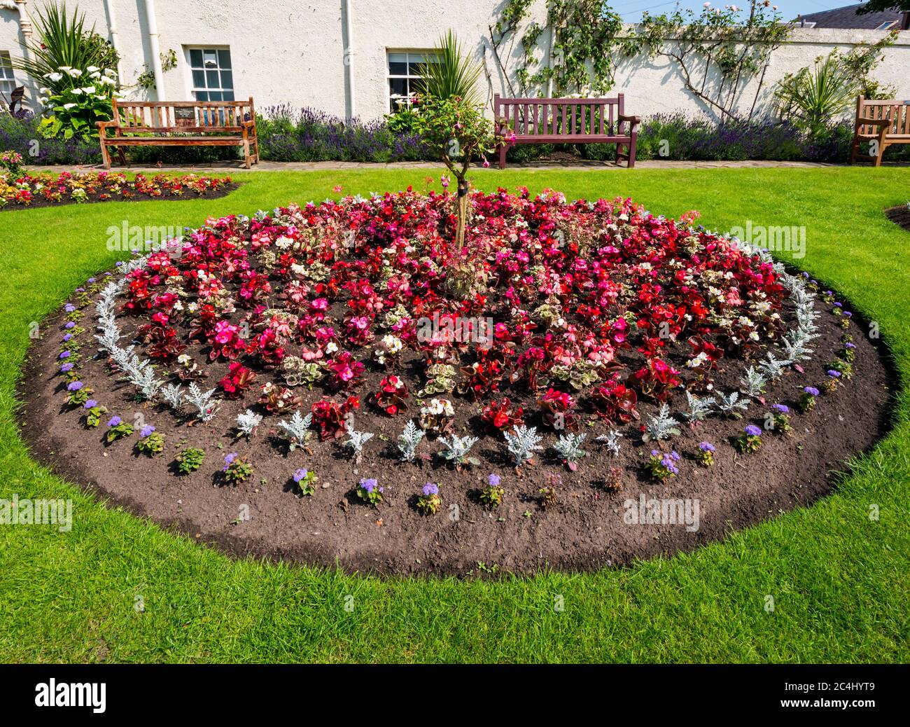 Parterres colorés dans le jardin du mémorial de guerre le jour ensoleillé d'été, Berwick Nord, Lothian est, Écosse, Royaume-Uni Banque D'Images
