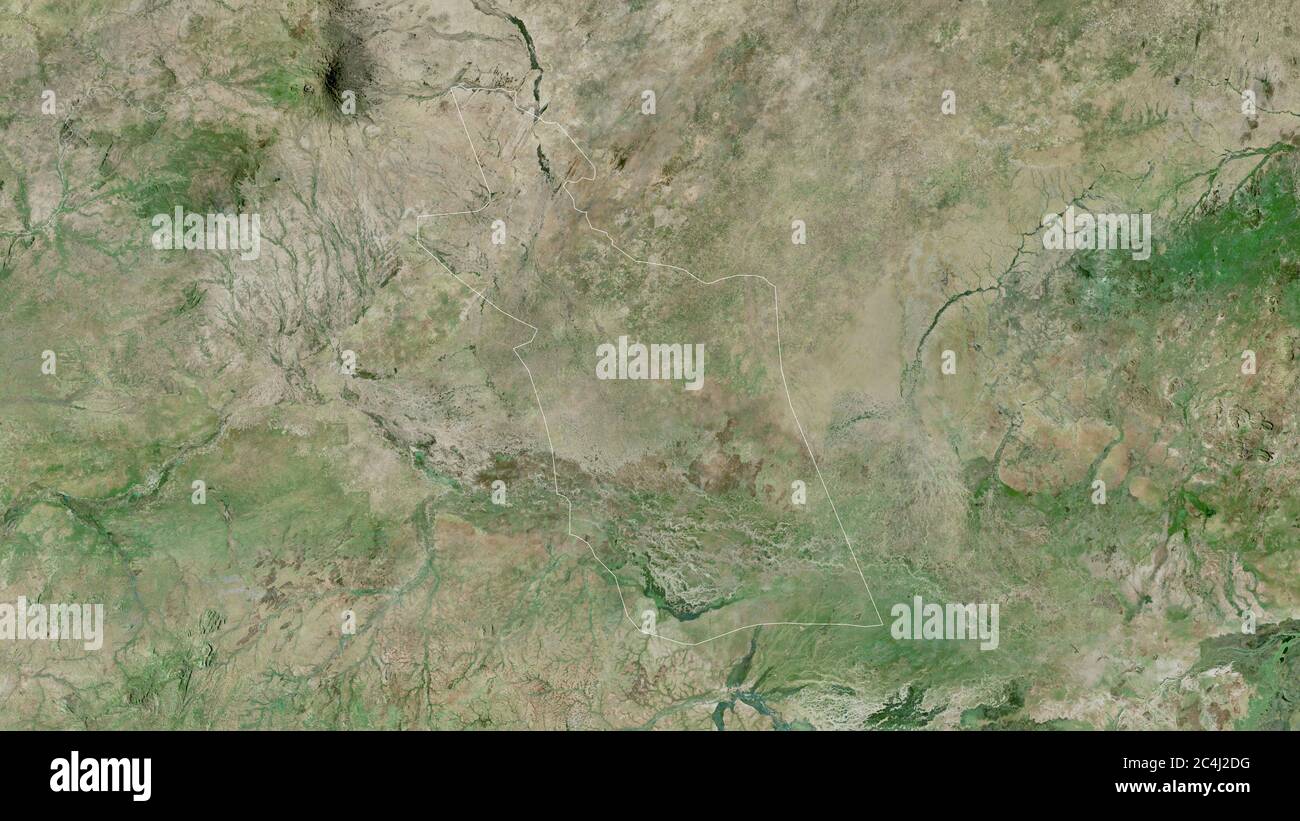 Darfour est, État du Soudan. Imagerie satellite. Forme entourée par rapport à sa zone de pays. Rendu 3D Banque D'Images