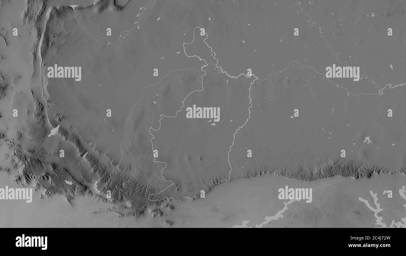Buri RAM, province de Thaïlande. Carte à échelle de gris avec lacs et rivières. Forme entourée par rapport à sa zone de pays. Rendu 3D Banque D'Images