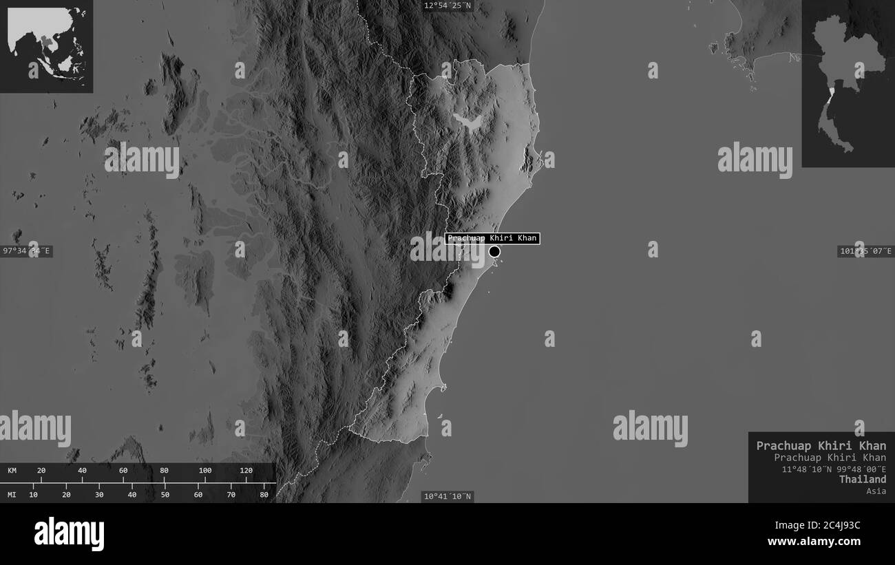 Prachuap Khiri Khan, province de Thaïlande. Carte à échelle de gris avec lacs et rivières. Forme présentée dans sa zone de pays avec des superpositions informatives. 3 Banque D'Images