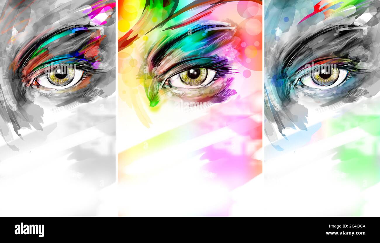 Une illustration artistique triptyque des yeux des femmes dans différentes couleurs Banque D'Images