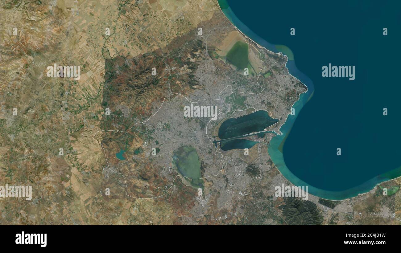 Tunis, gouvernorat de Tunisie. Imagerie satellite. Forme entourée par rapport à sa zone de pays. Rendu 3D Banque D'Images