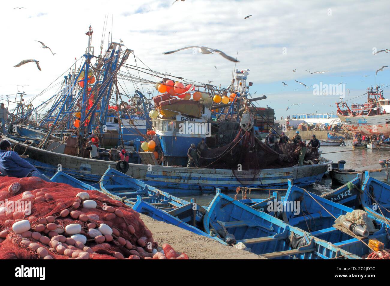 Journée chargée avec des bateaux de pêche bleus, des navires et des pêcheurs dans le port d'Essaouira docks au Maroc. La photo a été prise le 09 janvier 2016 Banque D'Images