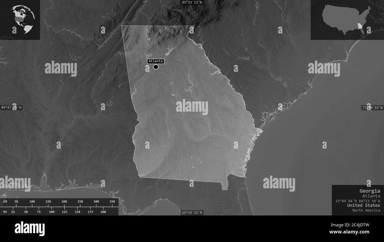 Géorgie, État des États-Unis. Carte à échelle de gris avec lacs et rivières. Forme présentée dans sa zone de pays avec des superpositions informatives. Rendu 3D Banque D'Images