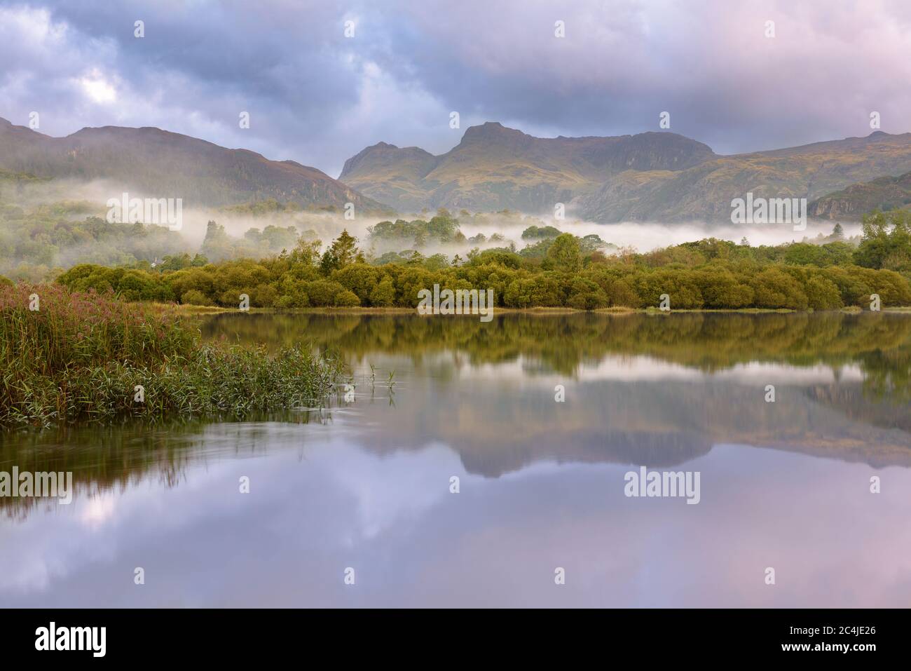 Matin de brume paisible avec des reflets parfaits dans le lac et la montagne toile de fond. Lake District, Royaume-Uni. Banque D'Images