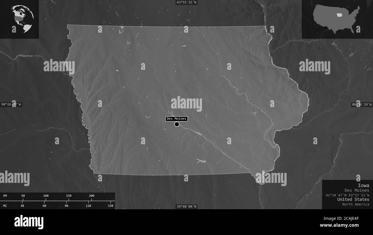 Iowa, État des États-Unis. Carte à échelle de gris avec lacs et rivières. Forme présentée dans sa zone de pays avec des superpositions informatives. Rendu 3D Banque D'Images