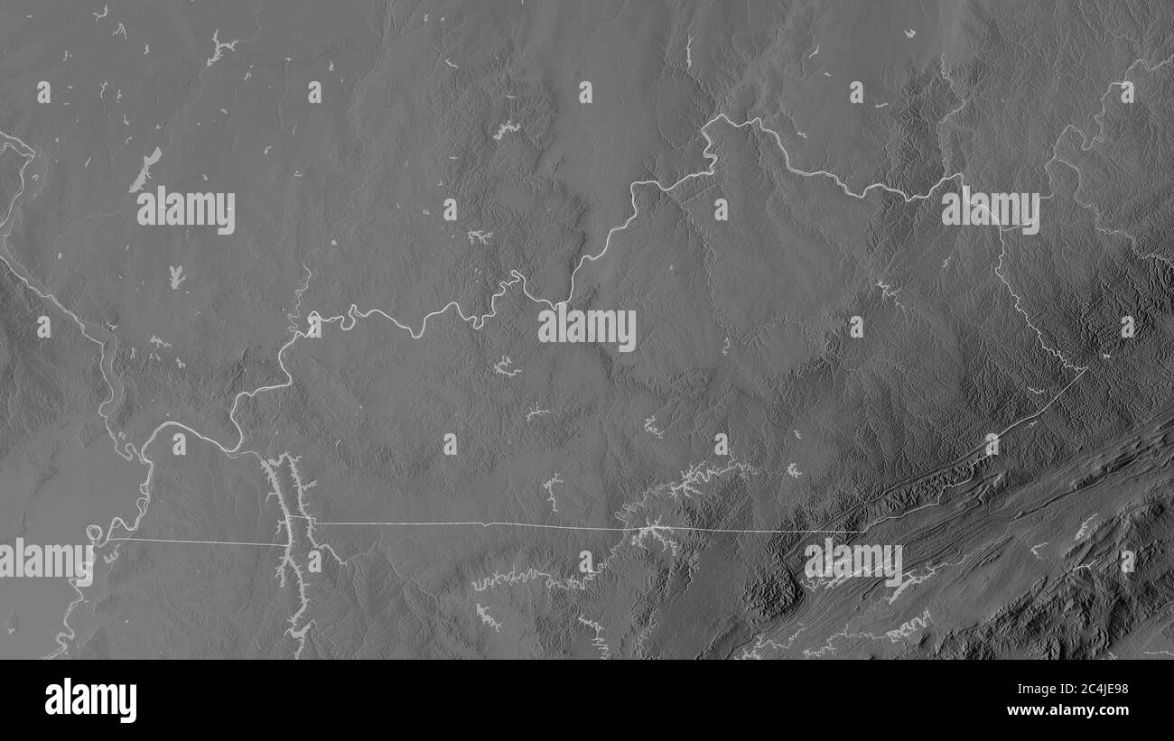 Kentucky, État des États-Unis. Carte à échelle de gris avec lacs et rivières. Forme entourée par rapport à sa zone de pays. Rendu 3D Banque D'Images