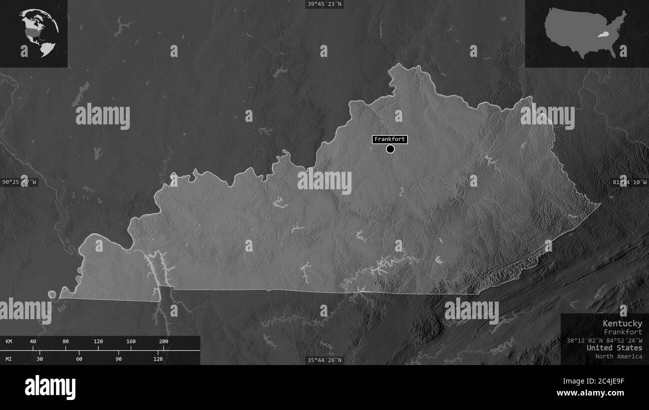 Kentucky, État des États-Unis. Carte à échelle de gris avec lacs et rivières. Forme présentée dans sa zone de pays avec des superpositions informatives. Rendu 3D Banque D'Images