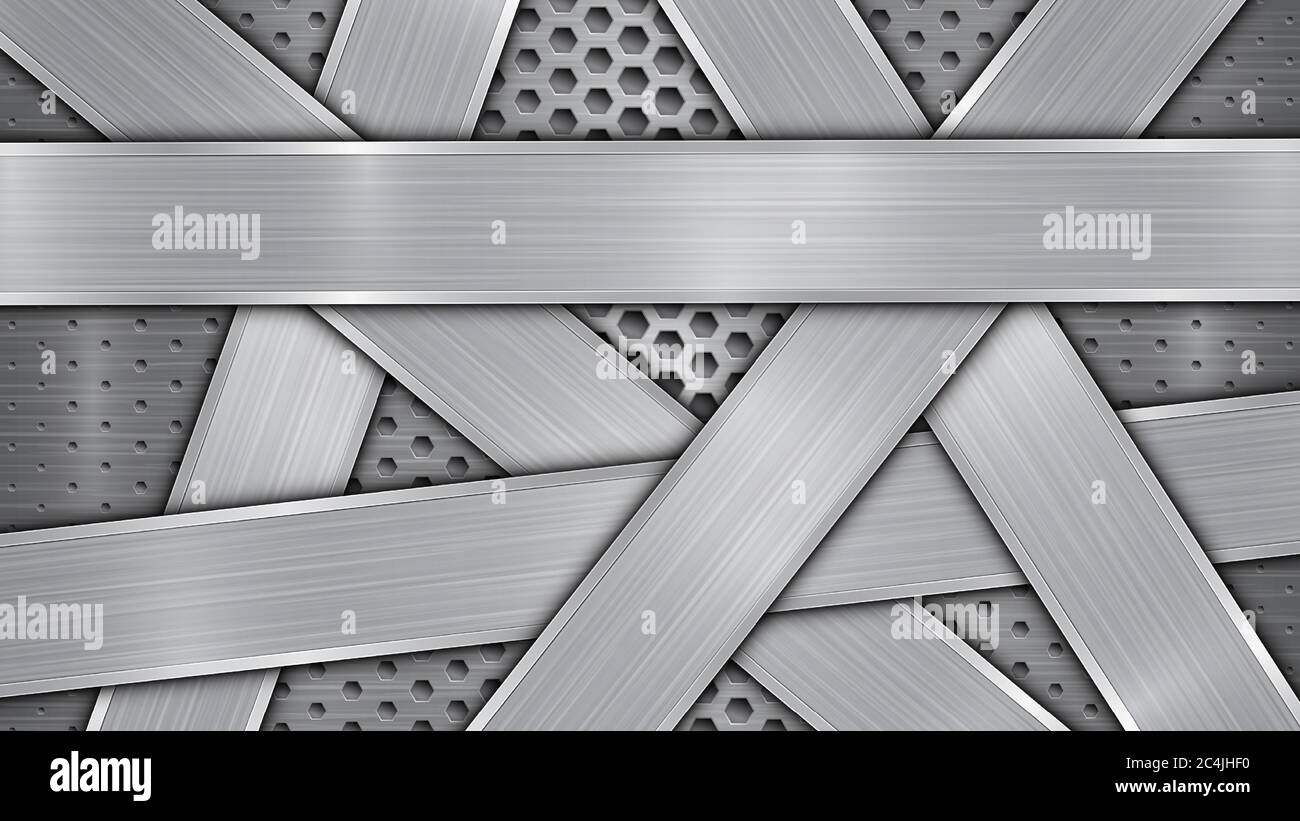 Fond de couleur argent et gris, composé d'une surface métallique perforée avec trous et de plusieurs plaques polies entrecroisées disposées de façon aléatoire Illustration de Vecteur