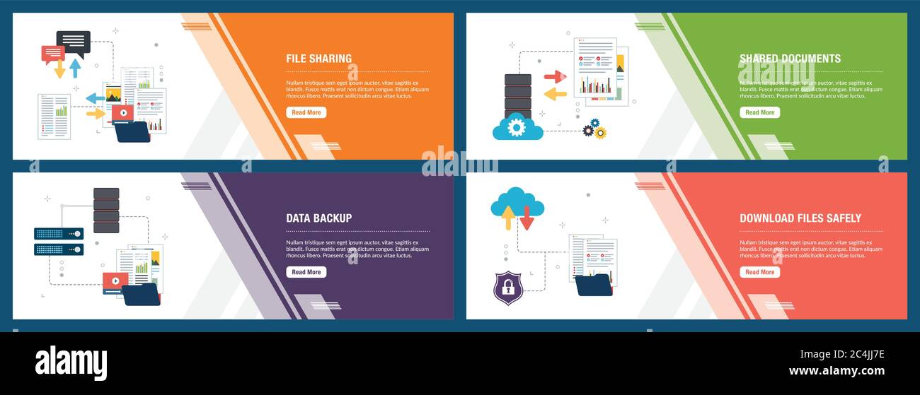 Ensemble de bannières avec des icônes pour l'internet sur des sites web ou des modèles d'applications avec le partage de fichiers, documents partagés, la sauvegarde des données et télécharger des fichiers en toute sécurité. Technology Illustration de Vecteur