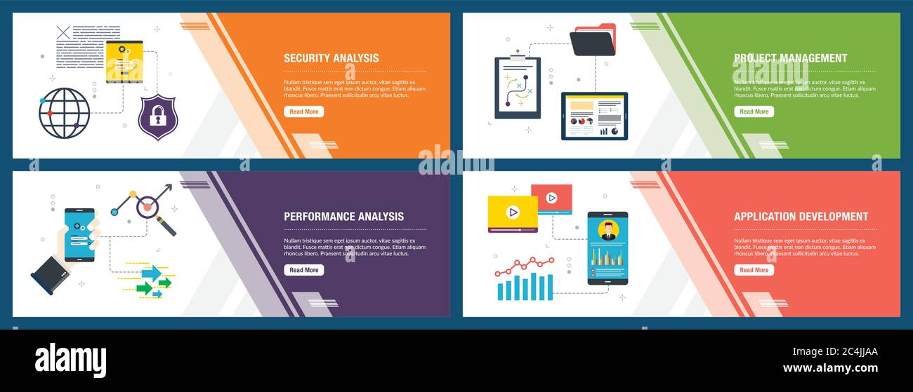 Bannières Web concept dans l'analyse de la sécurité avec des vecteurs, la gestion de projet, analyse des performances et le développement d'applications. Site Internet la bannière Illustration de Vecteur