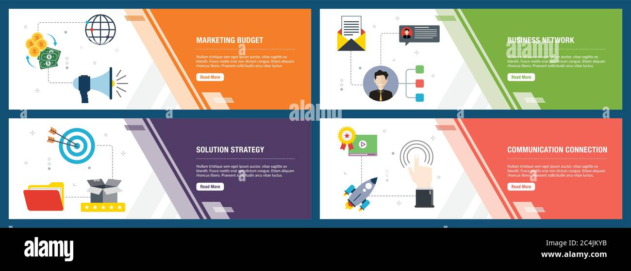 Vector set de bannières web vertical avec budget de marketing, business network solution, stratégie, communication. Vector Modèle de page pour le site web et m Illustration de Vecteur