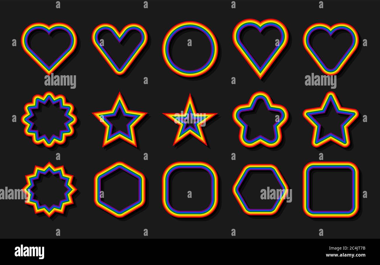 Drapeau LGBT. Formes circulaires, étoiles, hexagonales, coeurs, carrées avec cadre aux couleurs arc-en-ciel. Ensemble d'affiches à utiliser dans le cadre de l'événement fierté LGBTQI, du mois fierté LBGT ou de G Illustration de Vecteur