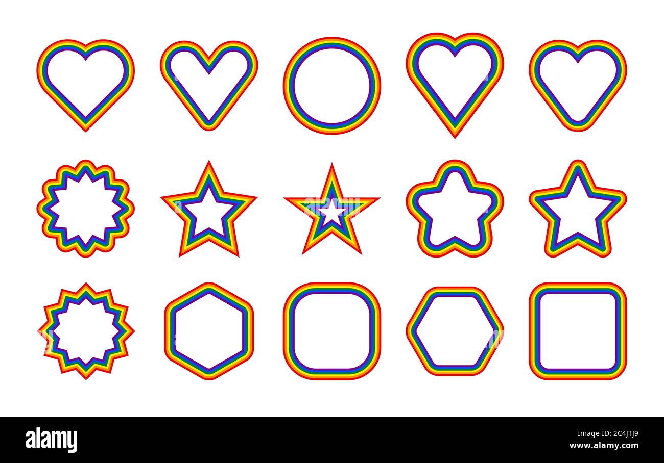 Drapeau LGBT. Formes circulaires, étoiles, hexagonales, coeurs, carrées avec cadre aux couleurs arc-en-ciel. Ensemble d'affiches à utiliser dans le cadre de l'événement fierté LGBTQI, du mois fierté LBGT ou de G Illustration de Vecteur