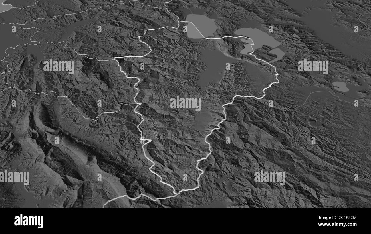 Zoom sur Korçë (comté d'Albanie) en contour. Perspective oblique. Carte d'altitude à deux niveaux avec les eaux de surface. Rendu 3D Banque D'Images