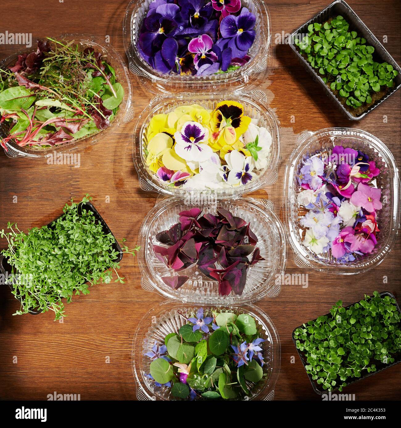 Vinaigrette biologique dans des boîtes au-dessus de la vue de dessus sur une table en bois Banque D'Images