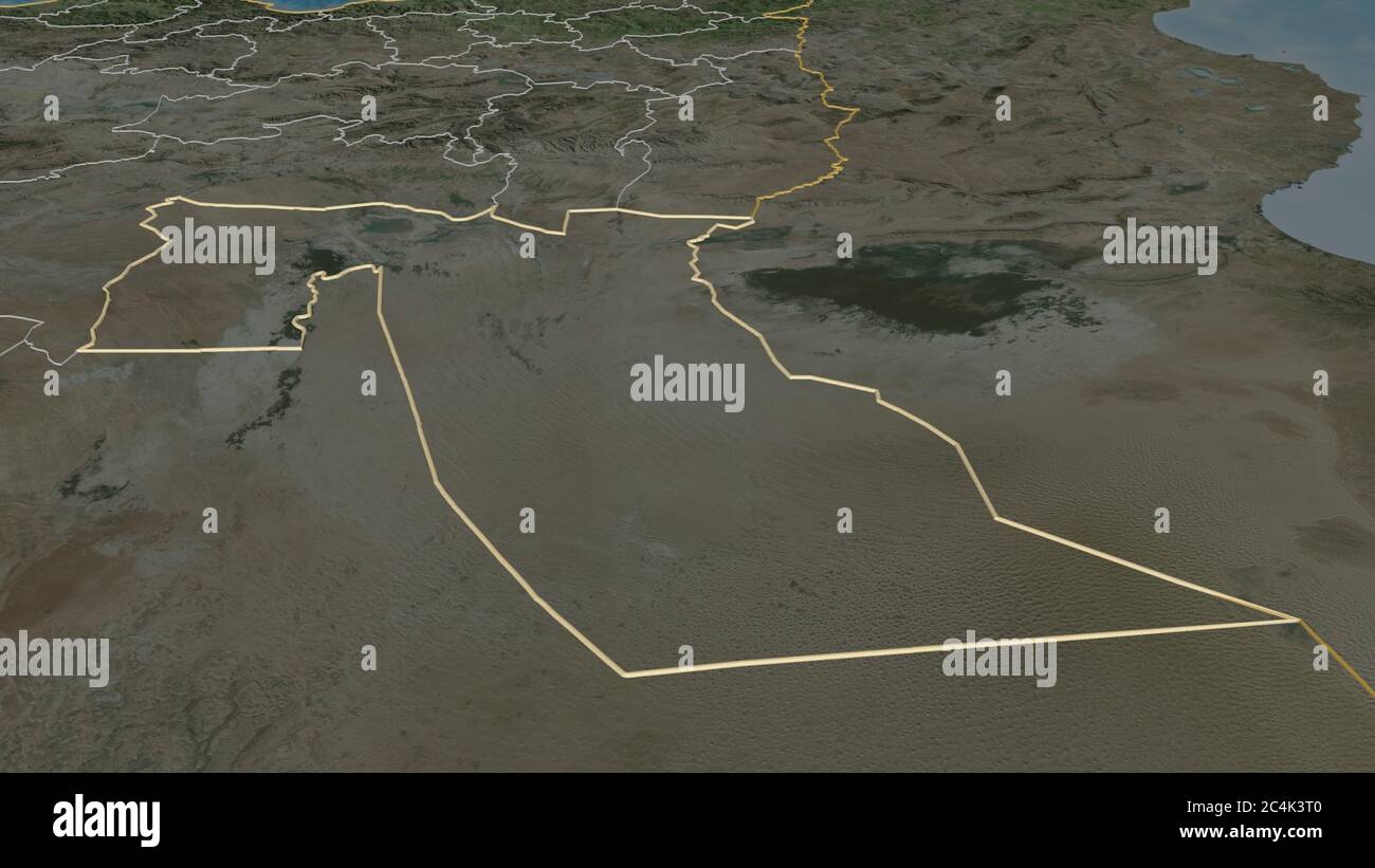 Zoom avant sur El Oued (province d'Algérie). Perspective oblique. Imagerie satellite. Rendu 3D Banque D'Images