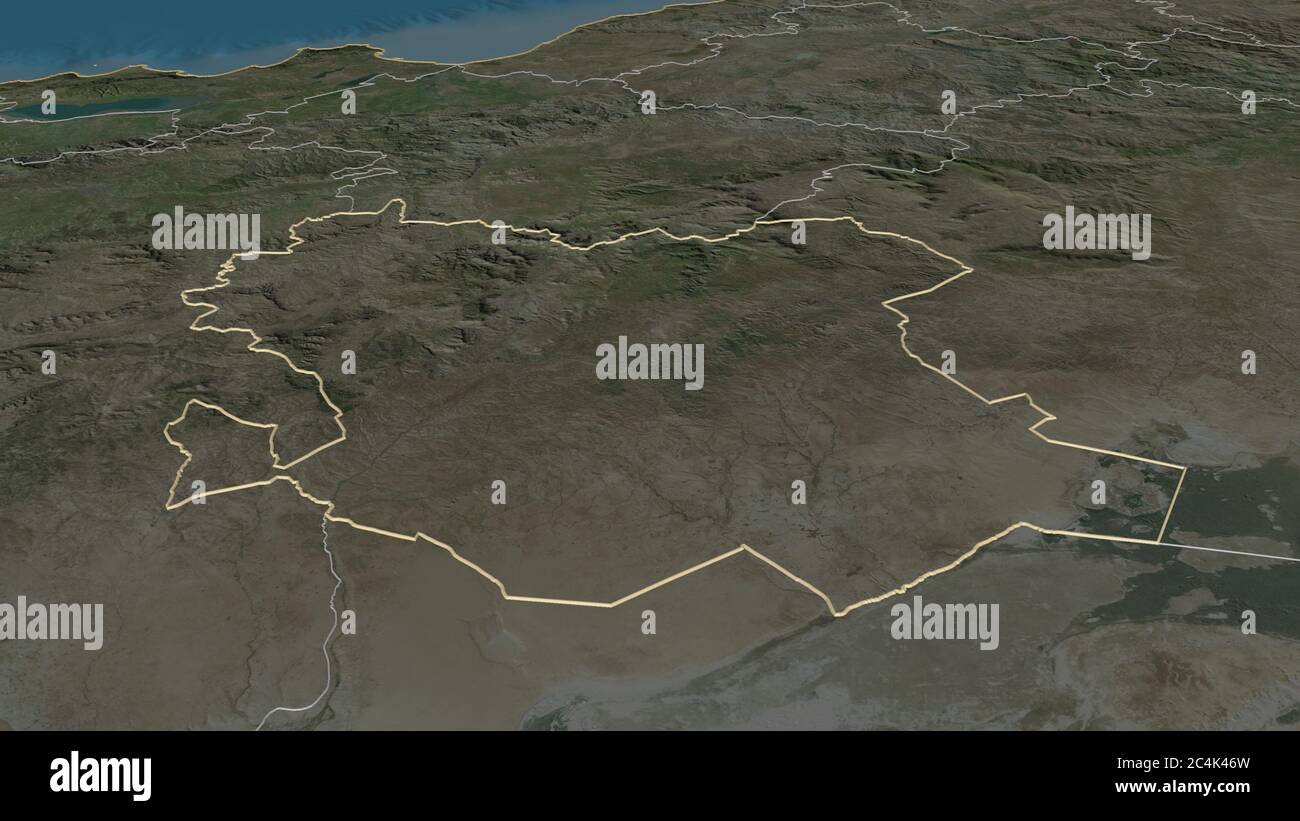 Zoom avant sur Saïda (province d'Algérie). Perspective oblique. Imagerie satellite. Rendu 3D Banque D'Images