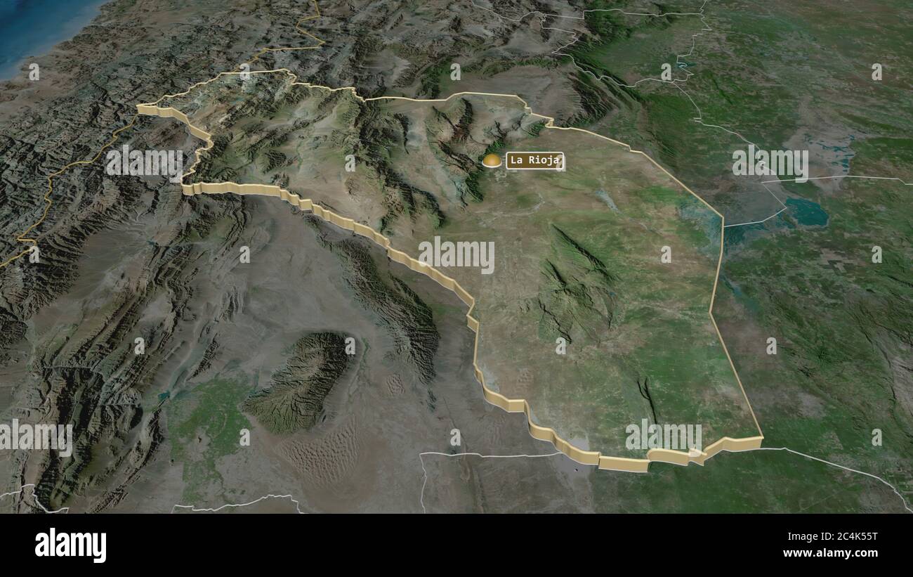 Zoom avant sur la Rioja (province de l'Argentine) extrudé. Perspective oblique. Imagerie satellite. Rendu 3D Banque D'Images