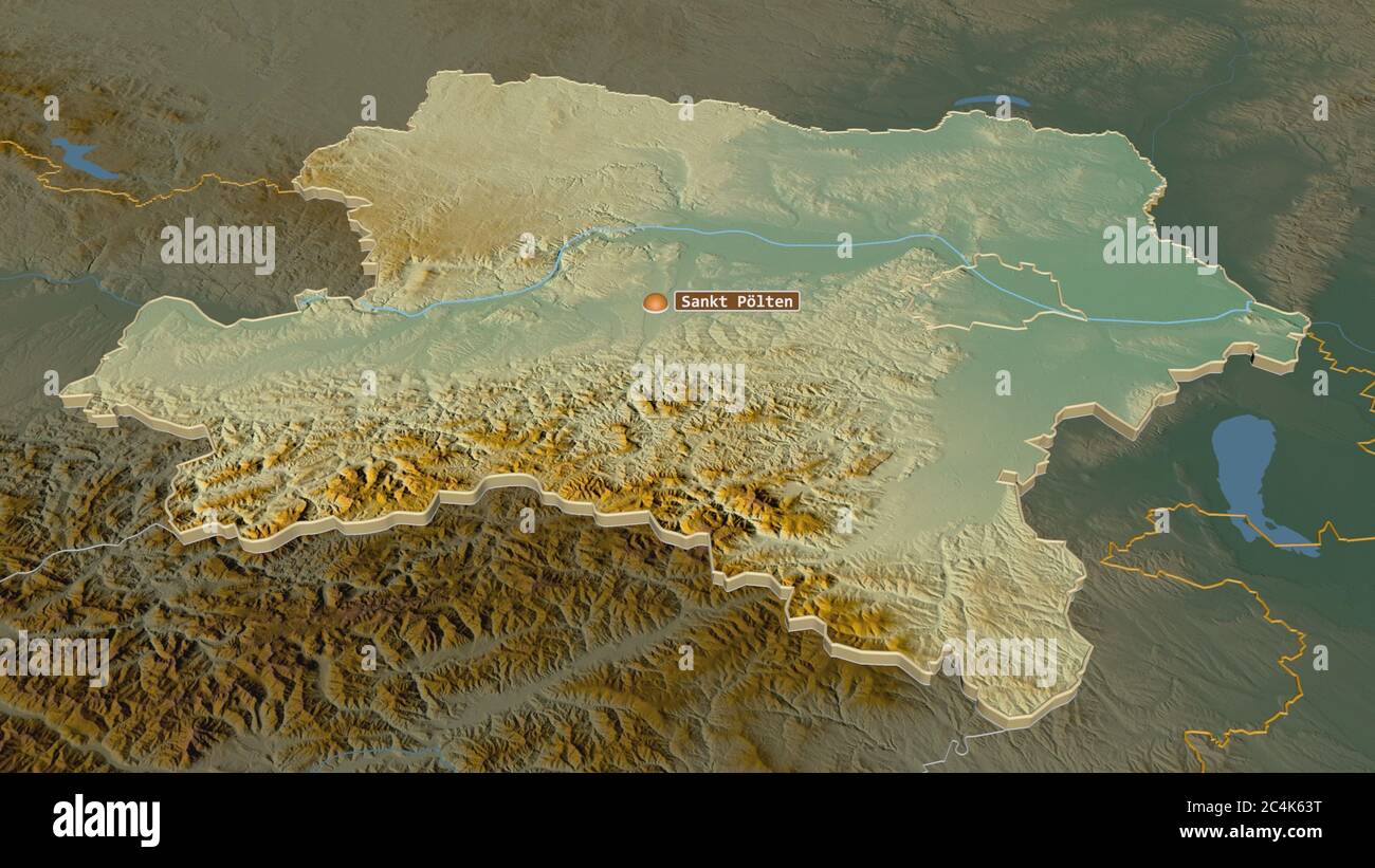 Zoom avant sur Niederösterreich (état de l'Autriche) extrudé. Perspective oblique. Carte topographique des eaux de surface. Rendu 3D Banque D'Images