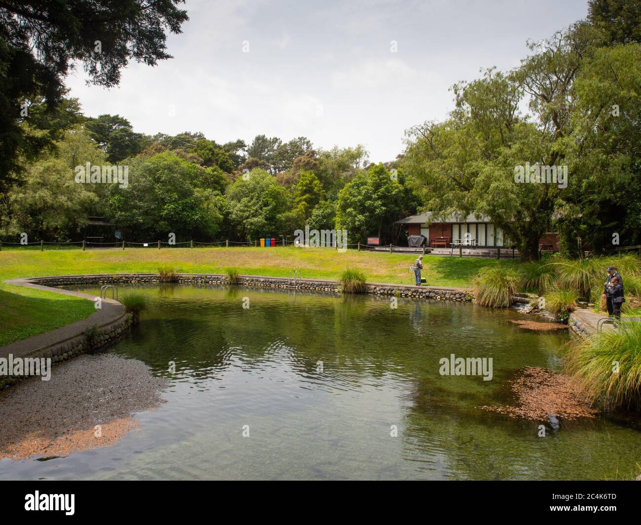 Les gens pêchant dans un étang de truite Banque D'Images